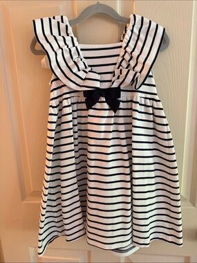 Nautical Stripe Ruffle-Shoulder Kids Dress in White and Navy